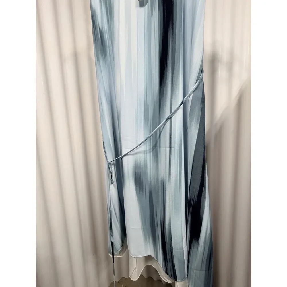 T Tahari Tie Dye Dress M NWT Light Blue Watercolor V-Neck Sleeveless Chiffon